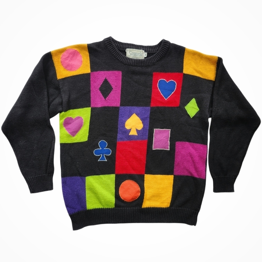 Vintage 90s Santoria Abstract Patchwork Sweater – Playing Card Graphic